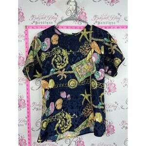 Sarah Johnson top Navy Nautical Print Short Sleeve Blouse Gold chain ocean